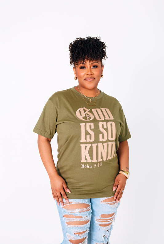 GOD IS SO KIND  I  Green x Cream Stitched Short Sleeve
