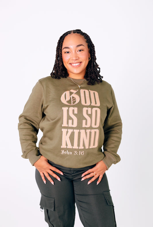 GOD IS SO KIND  I  Green x Cream Stitched Sweatshirt