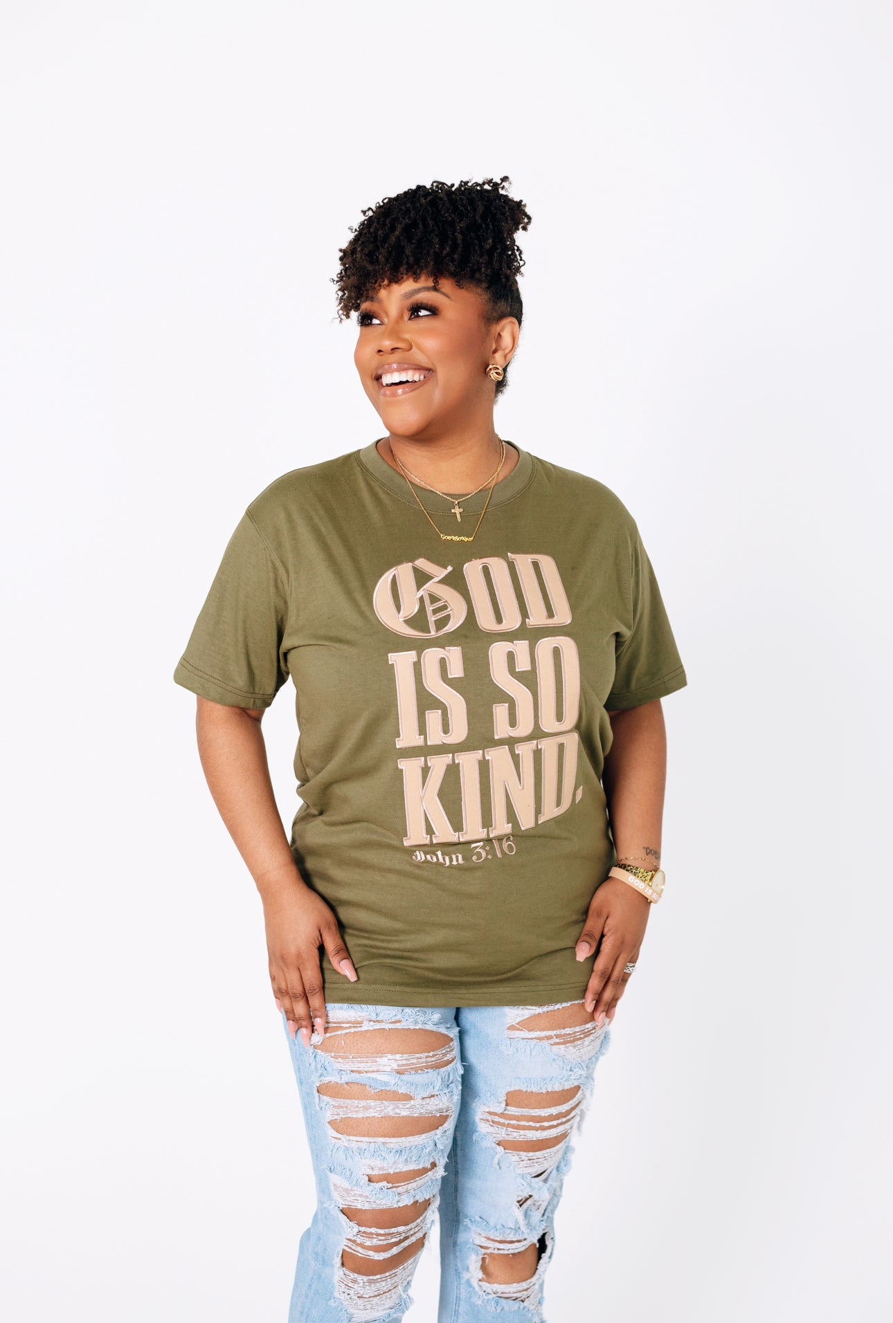 GOD IS SO KIND  I  Green x Cream Stitched Short Sleeve